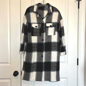 Black Blue White Plaid Cotton Flannel Long Button Front Shacket S